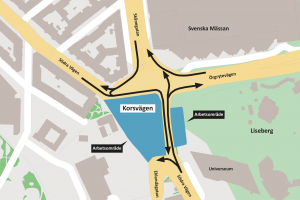 Karta som visar vad som gäller för biltrafiken vid Korsvägen 2020-2024.