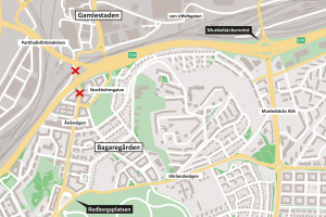 Karta som visar var Ånäsvägen i östra Göteborg är belägen och var den tillfälligt stängs av.