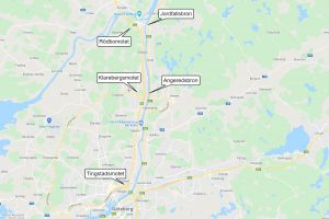 Karta som visar E6 mellan Göteborg och Kungälv med vissa mot och broar markerade.