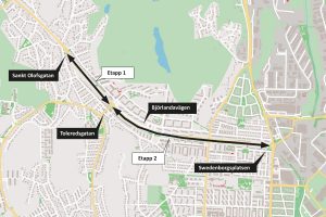 Karta som visar byggnationen av pendelcykelstråket på Björlandavägen.