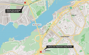 Karta visar Älvsborgsbron och vilka påfarter som stängs i samband med underhållsarbetet.