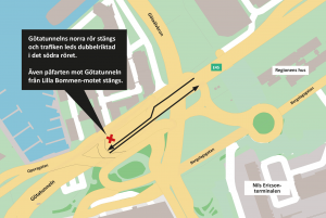 Karta som visar hur trafiken leds dubbelriktad i Götatunnelns södra rör samt ett rött kryss för att visa att påfarten mot Götatunneln från Lilla Bommen-motet stängs.