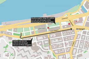 Karta över omledningen för cyklister mot Järntorget via Första Långgatan