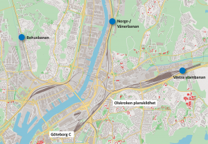 Karta som markerar ut var Bohusbanan, Västra Stambanan och Norge-/Vänerbanan ligger.