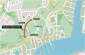 Karta som visar att Säterigatan stängs mellan Danaplatsen och Valskvarnsgatan.