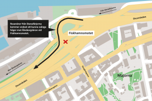 Karta som visar hur Stenaresenärer leds västerut på Oscarsleden från Fiskhamnsmotet.