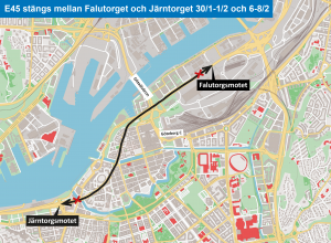 Karta som visar att E45 stängs mellan Järntorget och Falutorget.