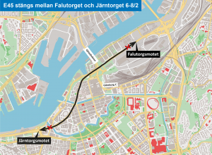 Karta som visar att E45 stängs mellan Järntorget och Falutorget