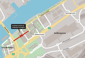 Karta som visar vilken del av Gullbergs Strandgata som stängs.