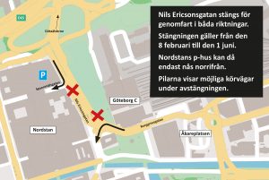 Kartan visar var Nils Ericsonsgatan stängs för genomfartstrafik februari-juni.