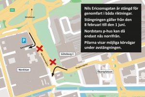Kartan visar var Nils Ericsonsgatan är stängd för genomfartstrafik februari-juni.