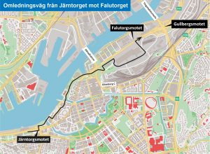 Karta som visar omledningsvägen mellan Järntorget och Falutorget österut. 