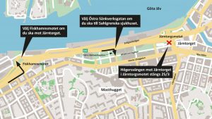 Kartan visar vilken avfart i Järntorgsmotet som stängs och alternativa körvägar.