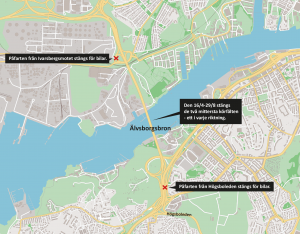 Karta som visar att körfält och påfarter stängs på och kring Älvsborgsbron.