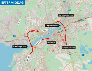 Karta som visar med röda pilar var man kan förvänta sig köbildning under eftermiddagar i och med arbetena på Älvsborgsbron och i Götatunneln.