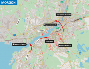Karta som visar med röda pilar var man kan förvänta sig köbildning under morgonen i och med arbetena på Älvsborgsbron och i Götatunneln.