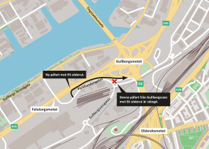 Karta som visar den stängda påfarten från Gullbergsvass mot E6 söderut och vilken den nya påfarten blir. 