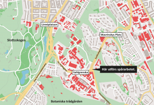 Karta som visar var spårarbetet vid Sahlgrenska utförs.