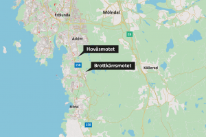 Karta över väg 158 och sträckan Hovåsmotet och Bråttkärrsmotet