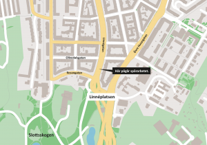 Karta som visar var spårarbetet på Linnégatan pågår. 