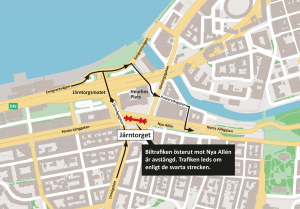 Karta som visar var det är avstängt i området kring Järntorget och vilken omledningsväg som gäller.