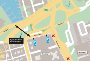 Karta som visar den nya vägen till och från Nordstans p-hus mellan Operagatan och Kanaltorgsgatan.