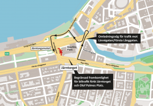 Karta som visar omlednngsväg för bilister från Allén mot Linnégatan/Första Långgatan. Och även att trafiken förbi Järntorget och Olof Palmes Plats får begränsad framkomlighet. 