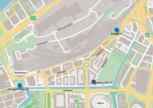 Karta som visar var hållplatserna Svingeln, Ullevi Norra och Centralstationen ligger.