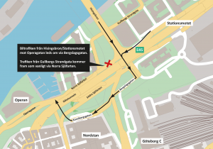 Karta som visar var Norra Sjöfarten stängs och omledningsvägen via Bergslagsgatan.