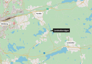 Karta som visar var Landvettervägen ligger i förhållande till Landvetter, Partille och Göteborg.