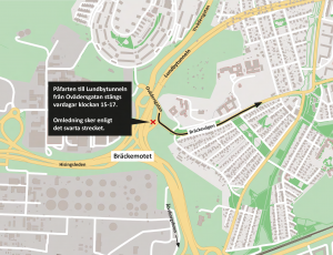Karta som visar avstängningen av påfarten till Lundbytunneln från Ovädersgatan och omledningsvägen via Bräckevägen.