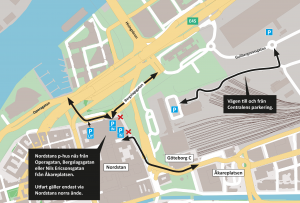 Karta som visar hur man kör till Nordstans p-hus och Centralens parkering