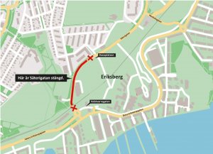 Karta som visar att Säterigatan är stängd mellan Danaplatsen och Valskvarnsgatan.