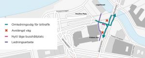 Kartan visar trafikomledningen vid Heurlins Plats jan-februari 2022.