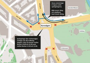 Karta som visar var trafiken stängs vid Korsvägen och vilka anslutningar som hålls öppna under sprängningarna.