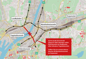 Karta som visar hur trafiken från de centrala delarna från Göteborg leds om via Marieholmstunneln under helgen då E6 är helt avstängd mellan Olskroksmotet och Ringömotet.