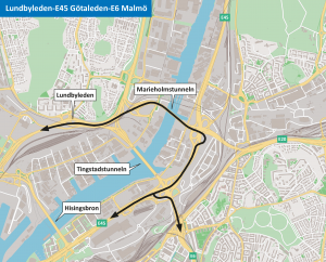 Karta som visar att trafiken på sträckan Lundbyleden-E45 Götaleden-E6 Malmö ska köra via Marieholmstunneln.