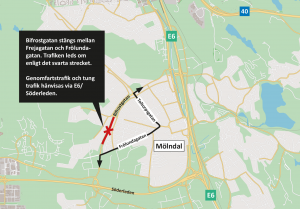 Karta som visar att en del av Bifrostgatan i Mölndal stängs och att trafiken leds om via Toltorpsgatan och Frölundagatan.