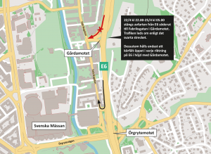 Karta som visar att avfarten från E6 söderut till Gårdamotet stängs 22-24 april. Och att endast ett körfält är öppet i varje riktning på E6 förbi Gårdamotet.