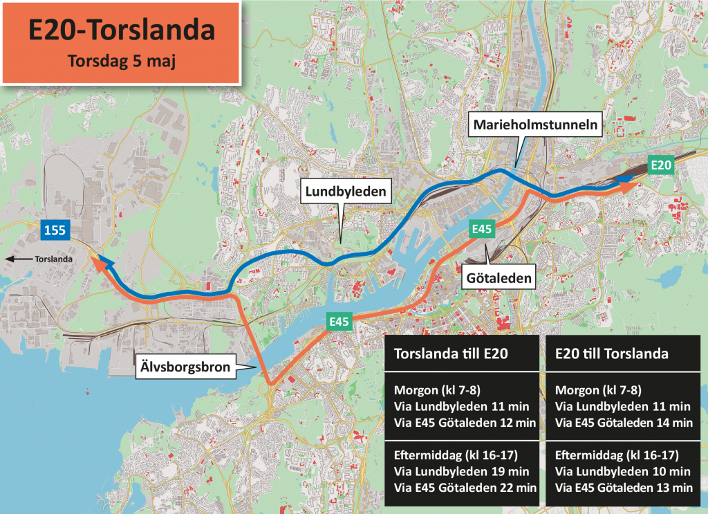 Karta som visar restider för E20-Torslanda. den 5 maj