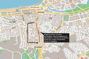 Kartan visar aktuell omledningsväg för biltrafiken på Linnégatan när beläggningsarbeten utförs augusti 2022