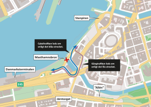 Karta som visar hur gång- och cykeltrafiken leds om när Masthamnsbron är stängd.