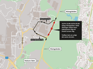 Karta som visar att Hisingsleden stängs mellan Assar Gabrielssons väg och Gustaf Larsons väg den 16-18 september. Och att trafiken leds om på samma vägar. 