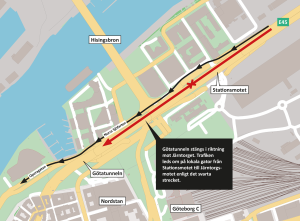 Karta som visar att Götatunneln och Gullbergstunneln stängs mot Järntorget och att trafiken leds om via Norra Sjöfarten och Operagatan.