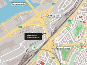 Karta som visar var den nya järnvägsbron över E6 mellan Olskroksmotet och Gullbergsmotet byggs.