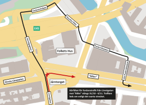 karta över avstängd fil från Linnégatan mot Allén