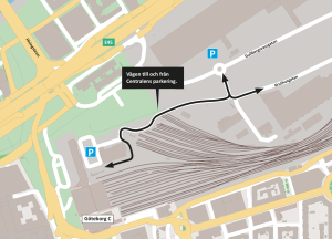 Karta som visar att trafiken till Centralens parkering läggs om till ursprungligt läge längs Kruthusgatan.