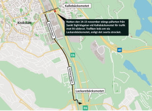 karta över omledd trafik mellan Kallebäcksmotet och Lackarebäcksmotet
