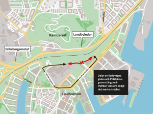 Karta som visar var Karlavagnsgatan och Polstjärnegatan är avstängd och omledningsvägen via Lindholmsallén.