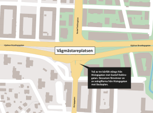 Karta som visar var körfält stängs i korsningen Hisingsgatan-Hjalmar Brantingsgatan vid Vågmästareplatsen.